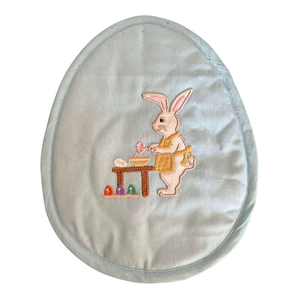 Easter Bunny Pot Holder Kitchen OS Blue Good Embroidered Quilted Egg